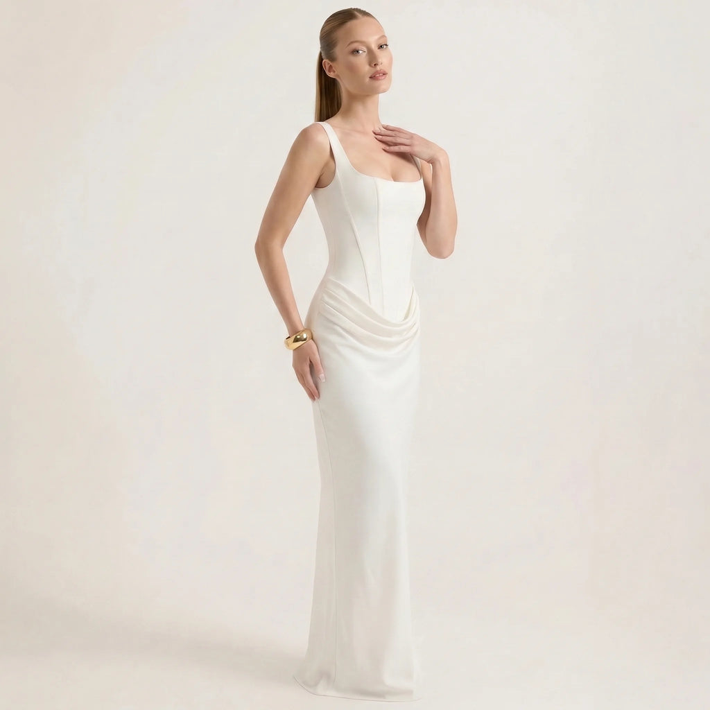 Elegant hvit maxikjole for kvinner – Slim fit ermeløs formell aftenkjole-Dresses-Hvit-XS-Maubaru