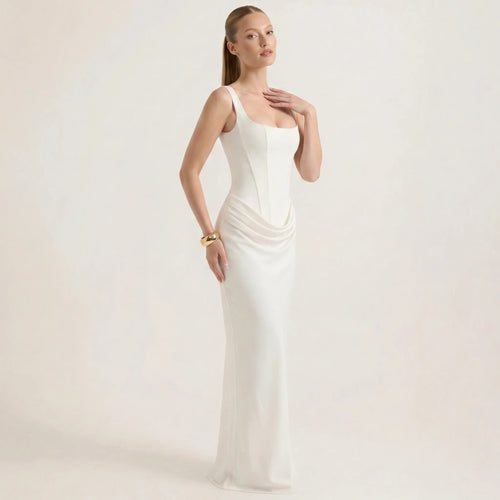 Elegant Women's White Maxi Dress – Slim-Fit Sleeveless Formal Evening Gown-Dresses-White-XS-Maubaru