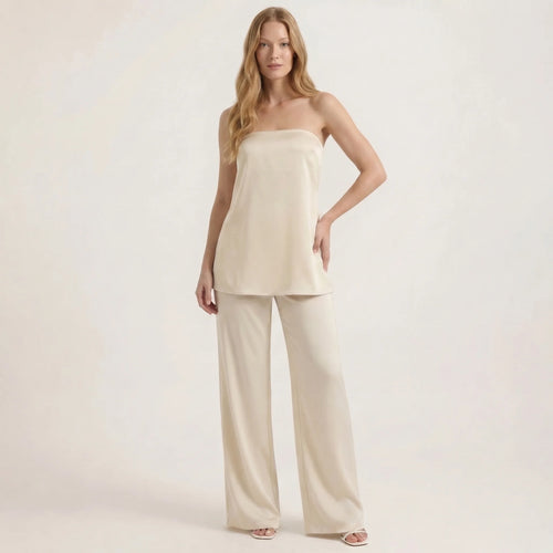 Damesett med stroppeløs topp og vide benbukser – Elegant todelt antrekk-Outfit Sets-Kremfarget-XS-Maubaru
