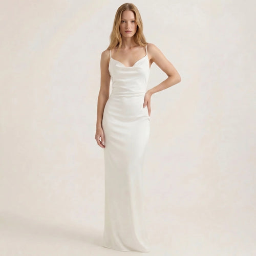 Elegant Women's Sleeveless Maxi Dress – Backless Evening Gown with Ruffle Details-Dresses-White-S-Maubaru