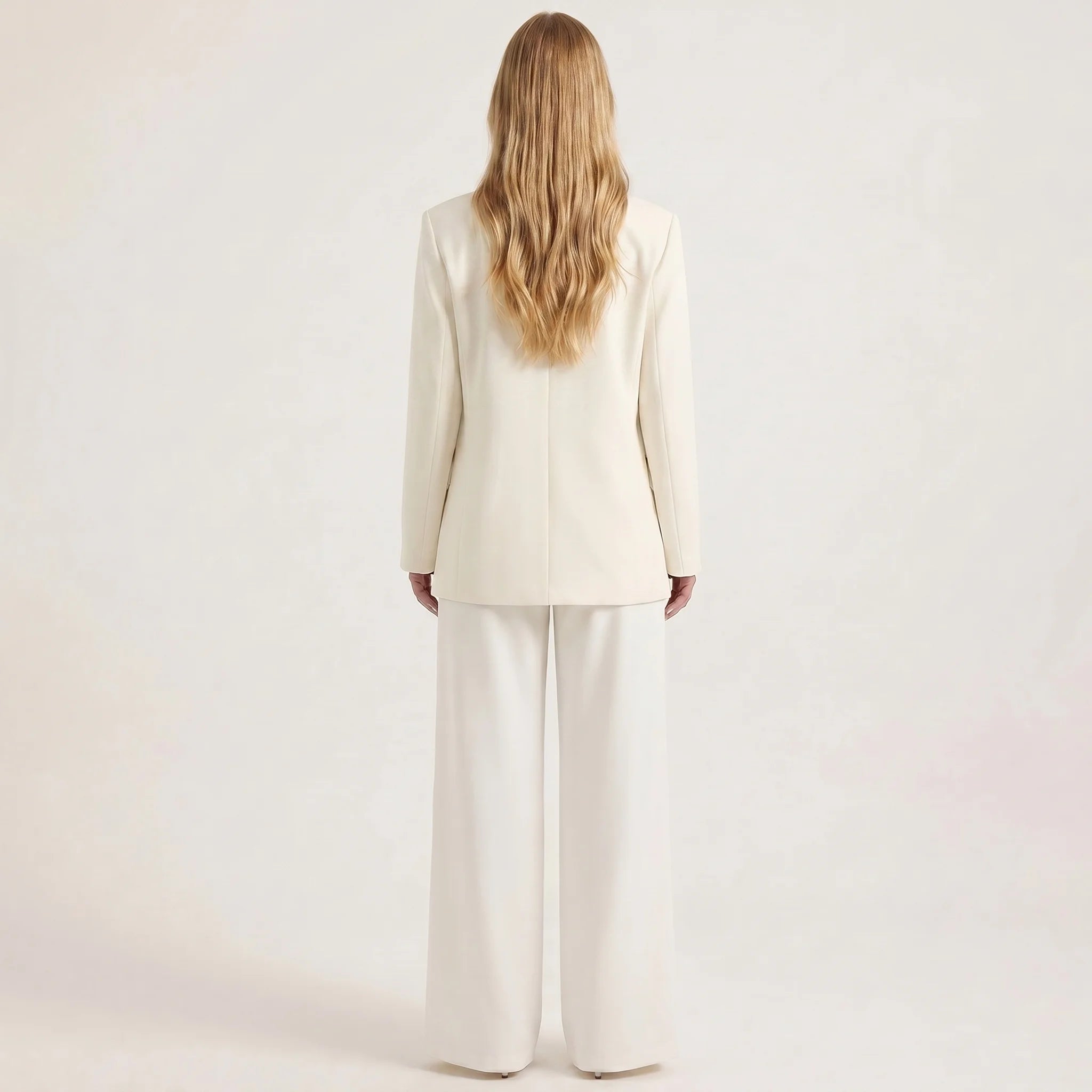 Damesett med elegant blazer og vide ben – Langermet, skreddersydd todelt dress-Outfit Sets-Kremfarget-S-Maubaru