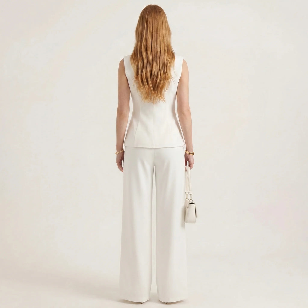 Elegant damedress med vest og rette bukser – ermeløs, skreddersydd sett i to deler-Outfit Sets-Kremfarget-S-Maubaru