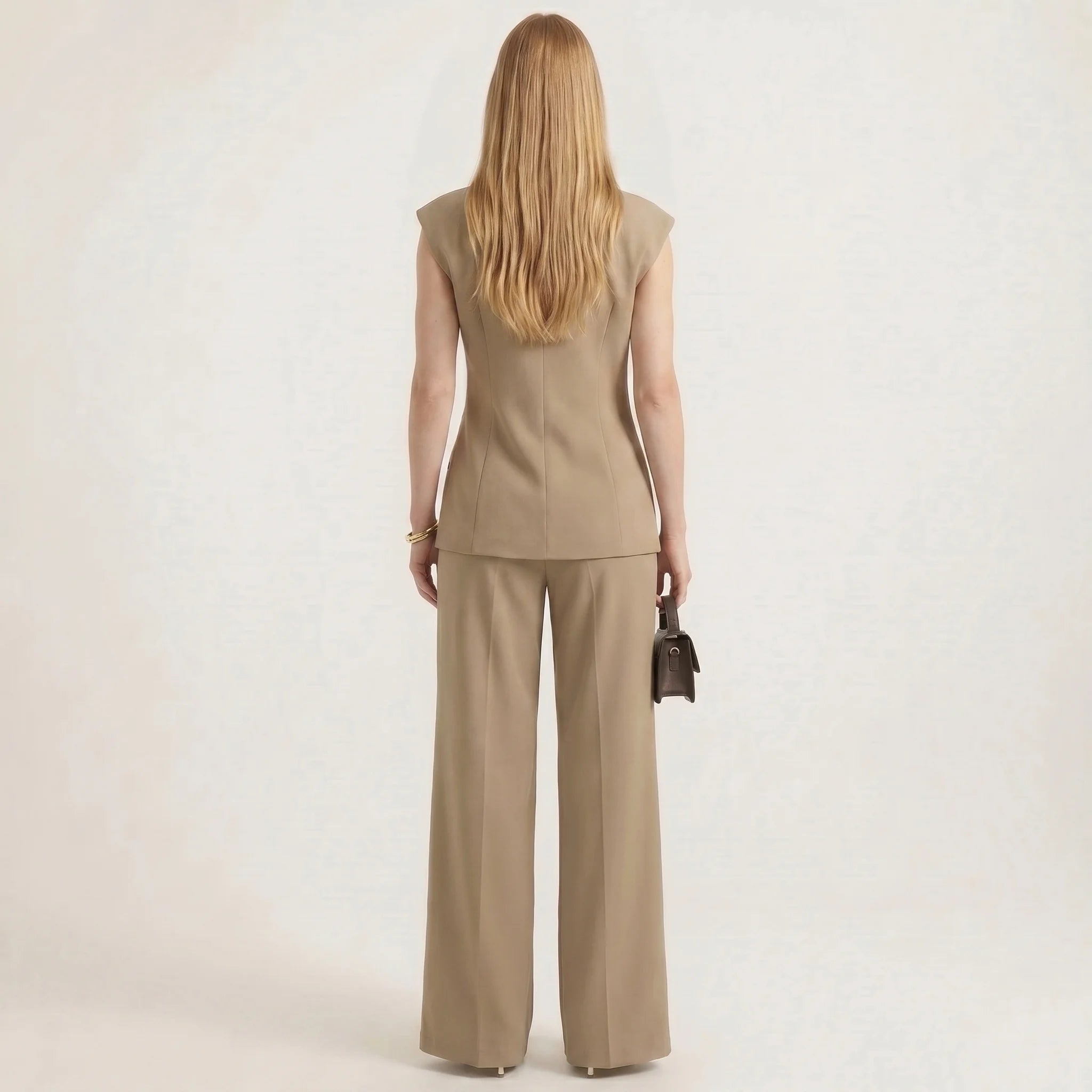 Sett med dobbeltspent vest og vide benbukser for kvinner – ermeløs, skreddersydd todelt dress-Outfit Sets-Kaki-S-Maubaru