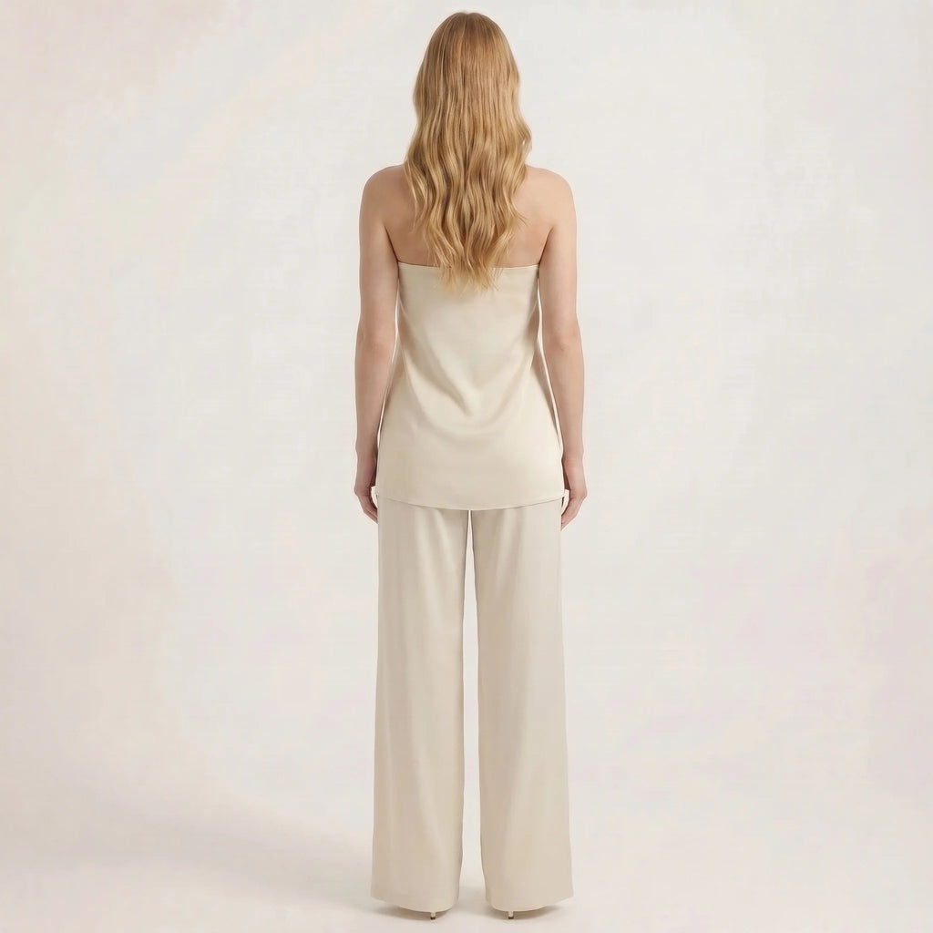 Damesett med stroppeløs topp og vide benbukser – Elegant todelt antrekk-Outfit Sets-Kremfarget-XS-Maubaru