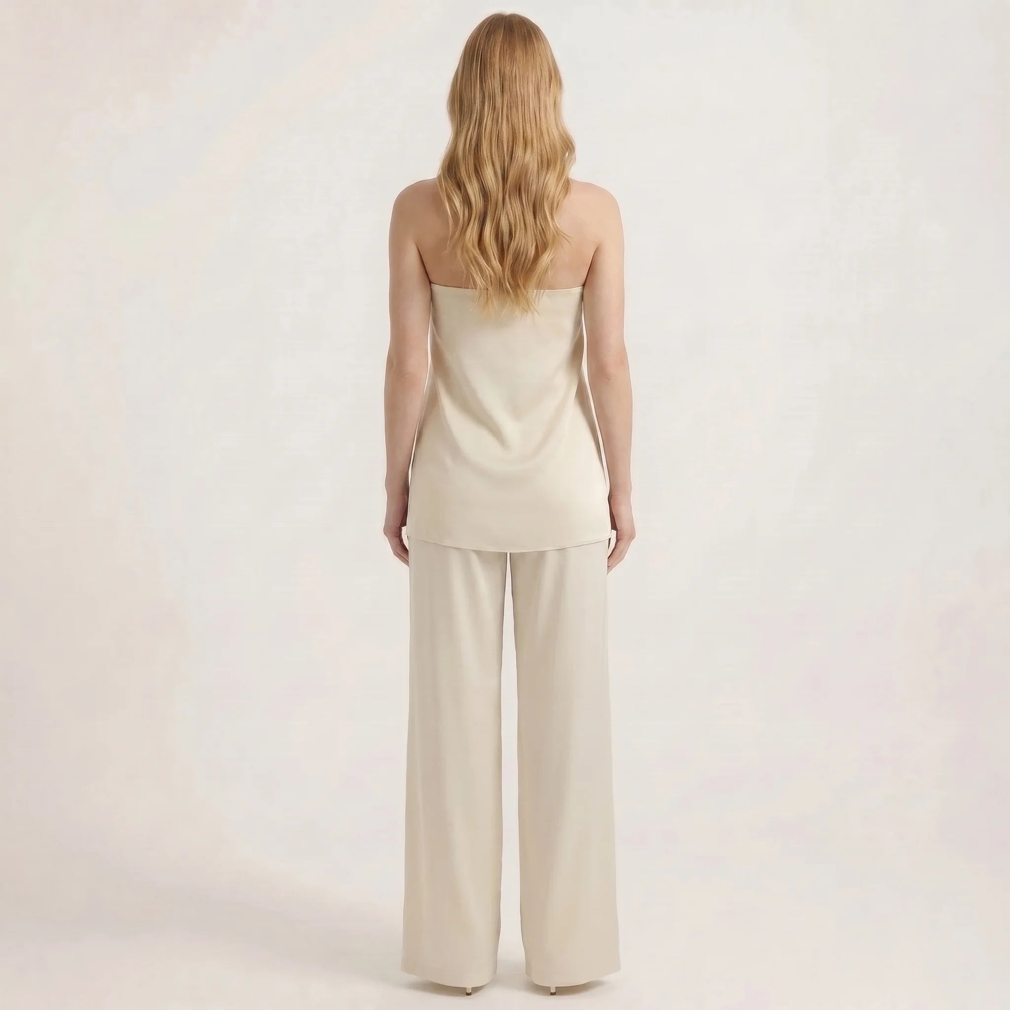Damesett med stroppeløs topp og vide benbukser – Elegant todelt antrekk-Outfit Sets-Kremfarget-XS-Maubaru