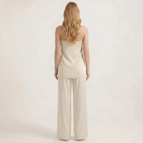 Damesett med stroppeløs topp og vide benbukser – Elegant todelt antrekk-Outfit Sets-Kremfarget-XS-Maubaru