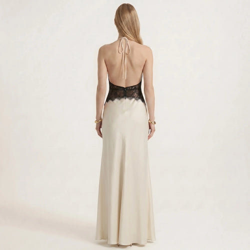 Damekjole med blondemønster og halterneck – Elegant aftenkjole med dyp V-hals og ryggløs-Dresses-Kremfarget-S-Maubaru